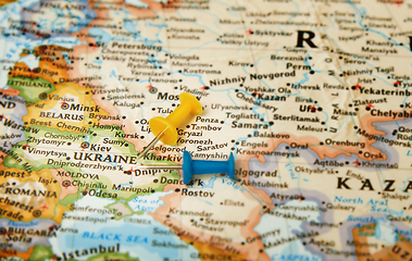 Image showing Pushpins on a map with focus on Ukraine