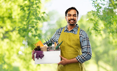 Image showing indian gardener or farmer with box of garden tools