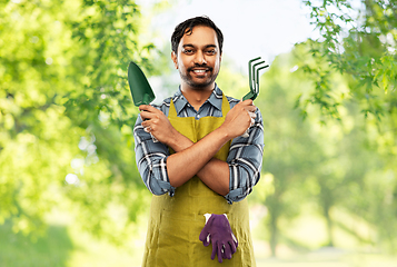 Image showing indian gardener or farmer with box of garden tools