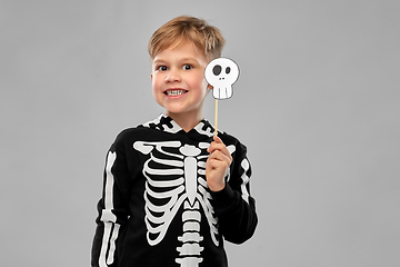 Image showing boy in halloween costume of skeleton making faces