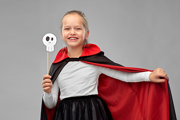 Image showing girl in costume of dracula with cape on halloween