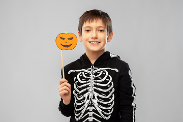 Image showing boy in halloween costume of skeleton with pumpkin