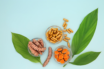 Image showing Fresh Turmeric Root Herb with Supplement Capsules and Leaves