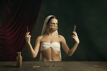 Image showing Modern remake of classical artwork with coronavirus theme - young medieval woman on dark background