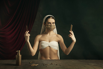 Image showing Modern remake of classical artwork with coronavirus theme - young medieval woman on dark background