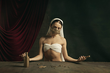 Image showing Modern remake of classical artwork with coronavirus theme - young medieval woman on dark background