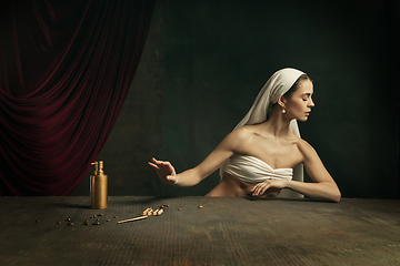 Image showing Modern remake of classical artwork with coronavirus theme - young medieval woman on dark background