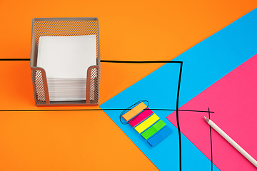 Image showing Stationery in bright pop colors with visual illusion effect, modern trendy line art