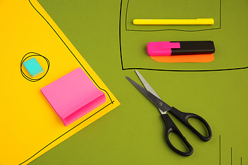 Image showing Stationery in bright pop colors with visual illusion effect, modern trendy line art