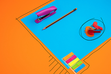 Image showing Stationery in bright pop colors with visual illusion effect, modern trendy line art