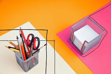 Image showing Stationery in bright pop colors with visual illusion effect, modern trendy line art