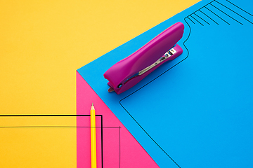 Image showing Stationery in bright pop colors with visual illusion effect, modern trendy line art