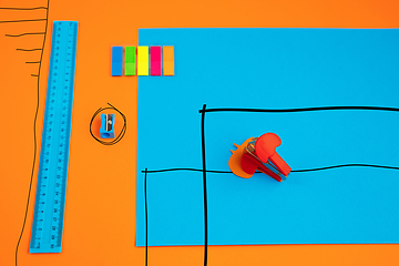 Image showing Stationery in bright pop colors with visual illusion effect, modern trendy line art