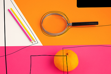 Image showing Stationery in bright pop colors with visual illusion effect, modern trendy line art