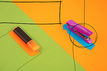 Image showing Stationery in bright pop colors with visual illusion effect, modern trendy line art