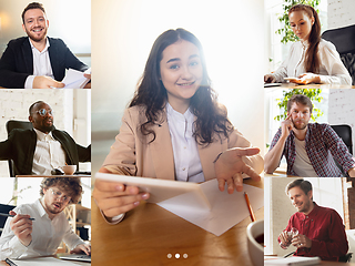 Image showing Headshot screen application view of diverse employees have work web conference using modern platform, smiling colleagues