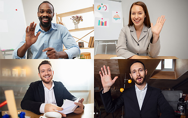 Image showing Headshot screen application view of diverse employees have work web conference using modern platform, smiling colleagues