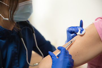 Image showing Close up doctor or nurse giving vaccine to patient using the syringe injected in hospital