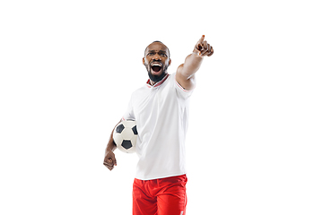 Image showing Funny emotions of professional football, soccer player isolated on white studio background, excitement in game