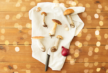 Image showing edible mushrooms, kitchen knife and towel