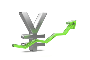 Image showing Japanese Yen or Chinese Yuan symbol with green arrow pointing up