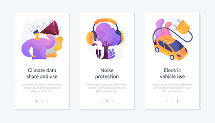 Image showing Climate data share and use, noise protection, electric vehicle use app interface template.