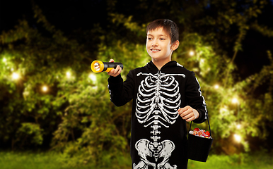 Image showing boy in halloween costume with candies and torch