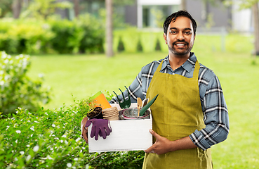 Image showing indian gardener or farmer with box of garden tools