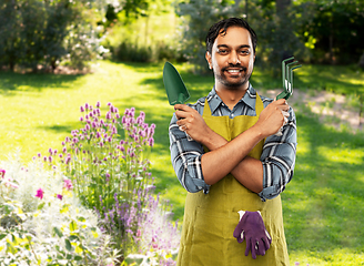 Image showing indian gardener or farmer with box of garden tools