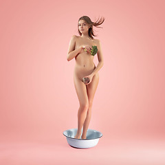 Image showing Portrait of a girl like modern remake of the Birth of Venus by Botticelli on pink background with copyspace