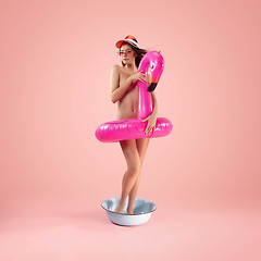 Image showing Portrait of a girl like modern remake of the Birth of Venus by Botticelli on pink background with copyspace