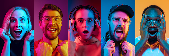 Image showing Collage of portraits of young emotional people on multicolored background in neon. Concept of human emotions, facial expression, sales.