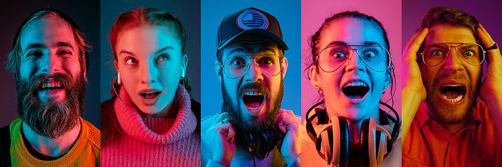 Image showing Collage of portraits of young emotional people on multicolored background in neon. Concept of human emotions, facial expression, sales.