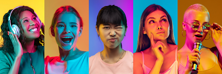 Image showing Collage of portraits of young emotional people on multicolored background in neon. Concept of human emotions, facial expression, sales.