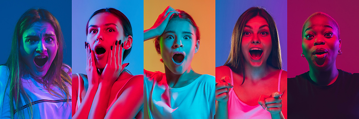 Image showing Collage of portraits of young emotional people on multicolored background in neon. Concept of human emotions, facial expression, sales.