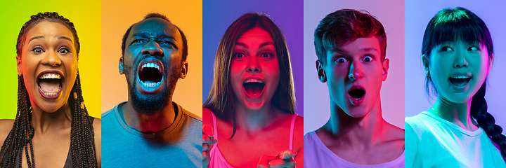 Image showing Collage of portraits of young emotional people on multicolored background in neon. Concept of human emotions, facial expression, sales.