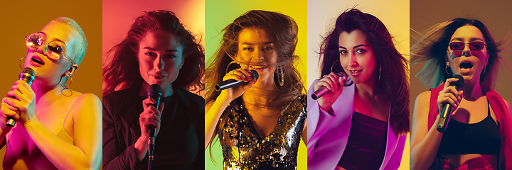 Image showing Collage of portraits of young emotional womens on multicolored background in neon. Concept of human emotions, facial expression, sales.