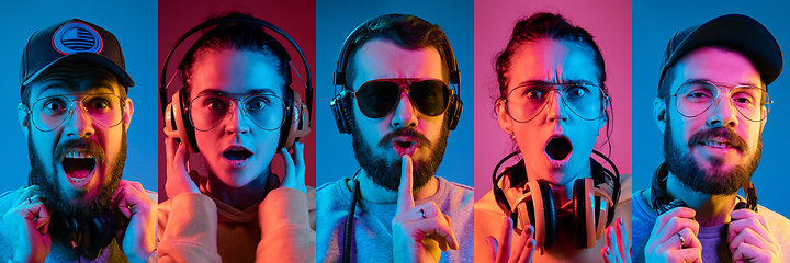 Image showing Collage of portraits of young emotional people on multicolored background in neon. Concept of human emotions, facial expression, sales.