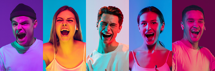 Image showing Collage of portraits of young emotional people on multicolored background in neon. Concept of human emotions, facial expression, sales.