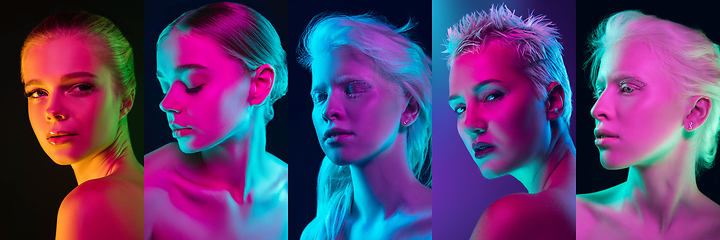 Image showing Collage of portraits of young beautiful girls on dark background in neon. Concept of human emotions, facial expression, sales.