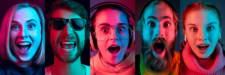 Image showing Collage of portraits of young emotional people on multicolored background in neon. Concept of human emotions, facial expression, sales.