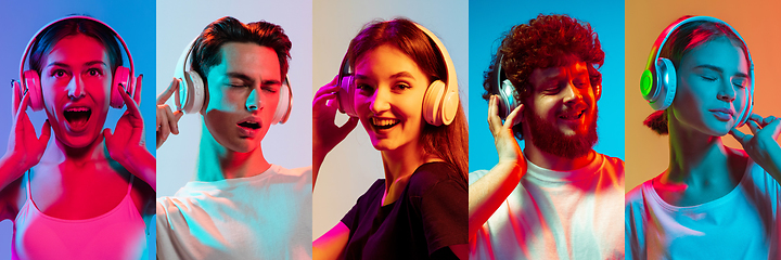 Image showing Collage of portraits of young emotional people on multicolored background in neon. Concept of human emotions, facial expression, sales.