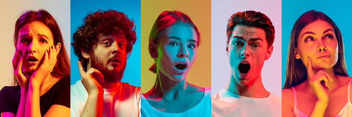 Image showing Collage of portraits of young emotional people on multicolored background in neon. Concept of human emotions, facial expression, sales.