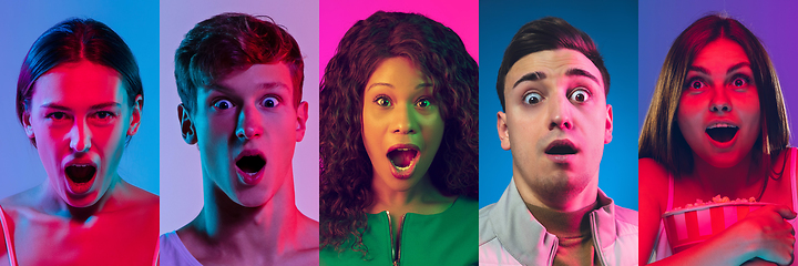 Image showing Collage of portraits of young emotional people on multicolored background in neon. Concept of human emotions, facial expression, sales.