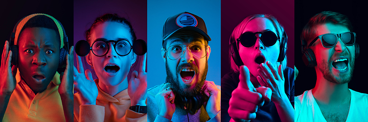 Image showing Collage of portraits of young emotional people on multicolored background in neon. Concept of human emotions, facial expression, sales.