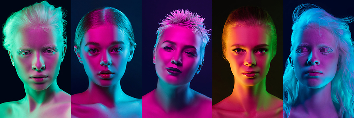 Image showing Collage of portraits of young beautiful girls on dark background in neon. Concept of human emotions, facial expression, sales.