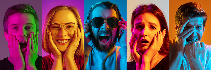 Image showing Collage of portraits of young emotional people on multicolored background in neon. Concept of human emotions, facial expression, sales.