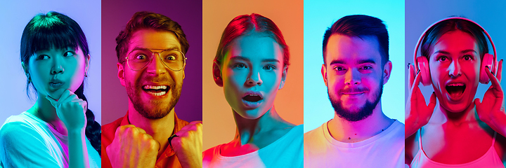 Image showing Collage of portraits of young emotional people on multicolored background in neon. Concept of human emotions, facial expression, sales.