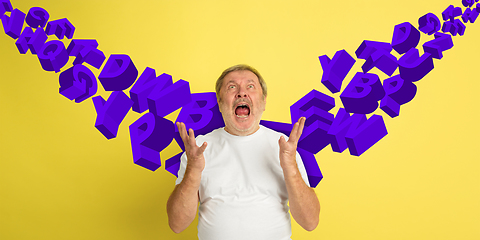 Image showing Man shouting, screaming angry on studio background. Sales, offer, business, cheering fun concept.