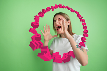 Image showing Woman shouting, screaming on studio background. Sales, offer, business, cheering fun concept.